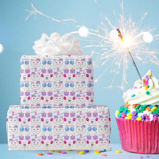 スウィートキャット顔ハッピーバースデーお祝い ラッピングペーパー