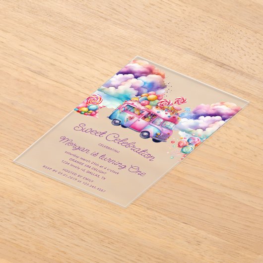 スウィートキャンディーレーンキッドの誕生日予算 アクリル招待状 (レイダウン)