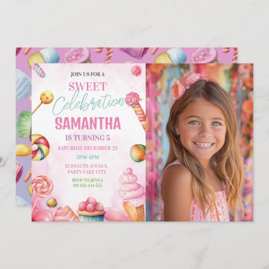 スウィートキャンディ第1回第3回第4回フォト誕生日 招待状 (正面/裏面)