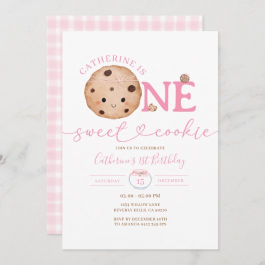 スウィートクッキーガールファースト誕生日ピンクジンガムジャー 招待状 (正面/裏面)