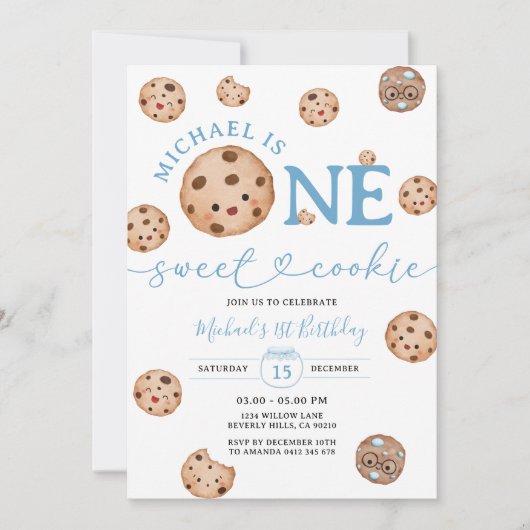スウィートクッキーボーイファースト誕生日ブルーギンガムジャー 招待状 (正面)