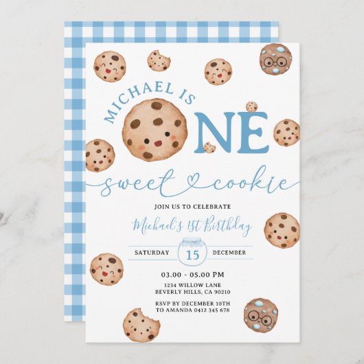 スウィートクッキーボーイファースト誕生日ブルーギンガムジャー 招待状 (正面/裏面)