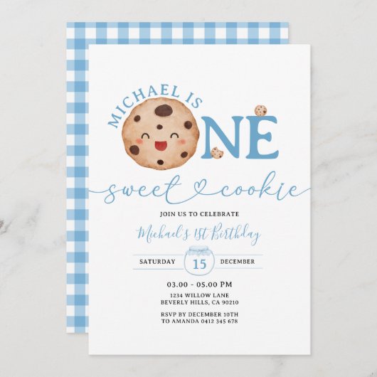 スウィートクッキーボーイファースト誕生日ブルーギンガムジャー 招待状 (正面/裏面)