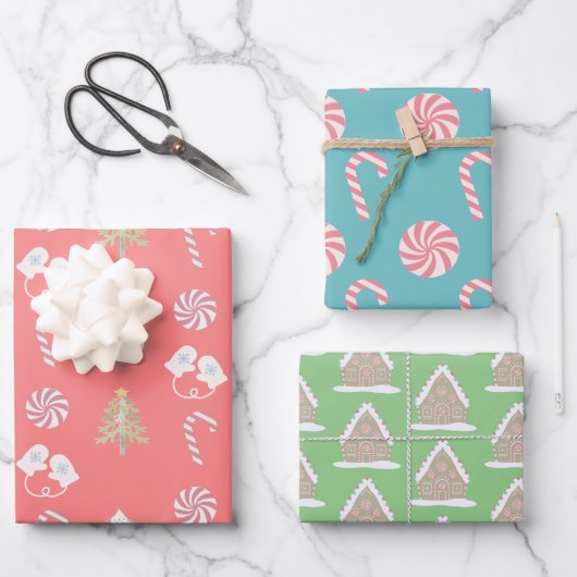 スウィートクリスマスパターンキャンディーケーンホリデー ラッピングペーパーシート (正面)