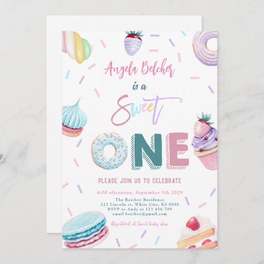 スウィートクリームお祝いスウィートワンバースデーパーティー 招待状 (正面/裏面)