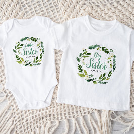 スウィートグリーンフローラルビッグシスター名モノグラム ベビーTシャツ