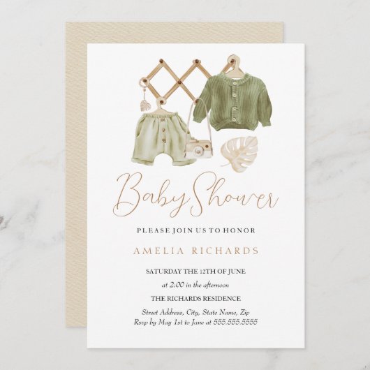 スウィートグリーンボホ子供部屋デコールベビーシャワー 招待状 (正面/裏面)