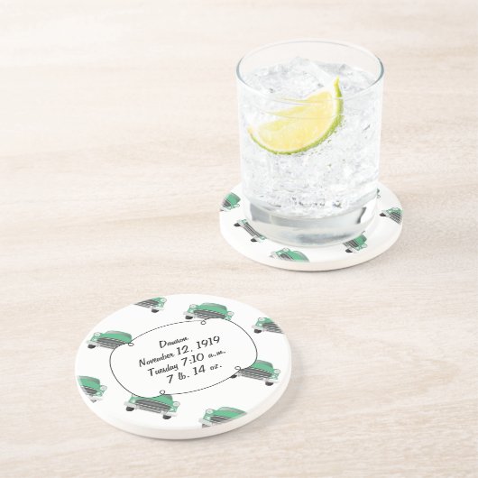 スウィートグリーンレトロ車の男の赤ちゃんギフト コースター (側面)