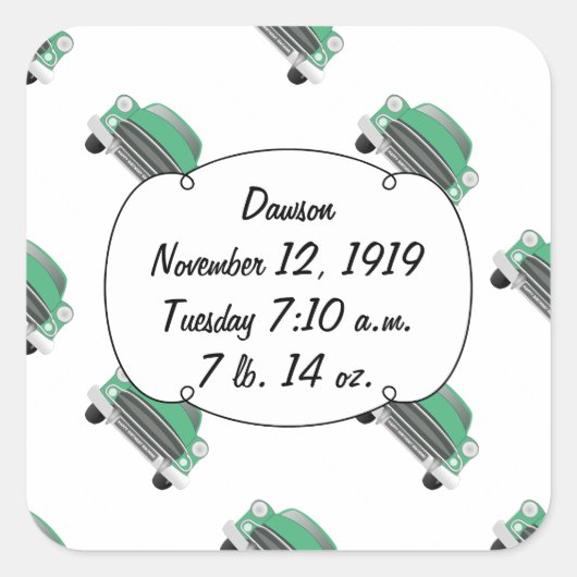 スウィートグリーンレトロ車の男の赤ちゃんギフト スクエアシール (正面)