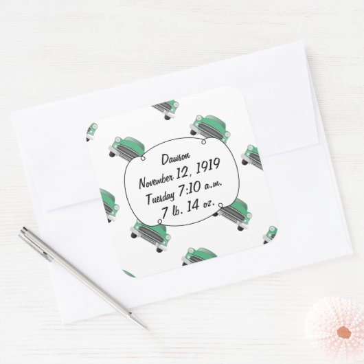 スウィートグリーンレトロ車の男の赤ちゃんギフト スクエアシール (封筒)