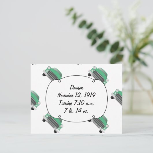 スウィートグリーンレトロ車の男の赤ちゃんギフト ポストカード (スタンド正面)