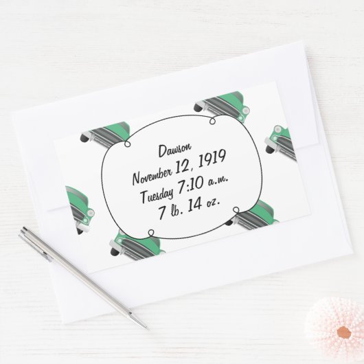 スウィートグリーンレトロ車の男の赤ちゃんギフト 長方形シール (封筒)