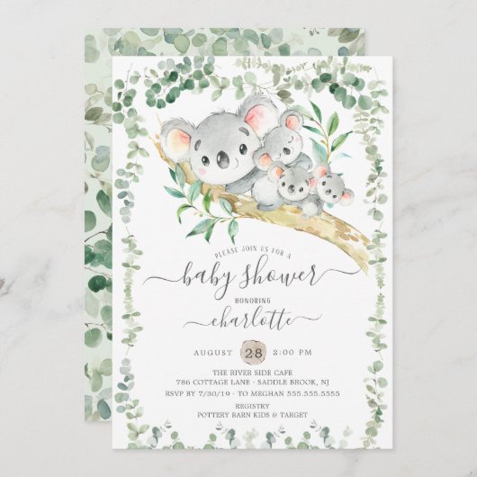 スウィートコアラベアーズトリプレットベビーベイビーシャワー招待状 招待状 (正面/裏面)