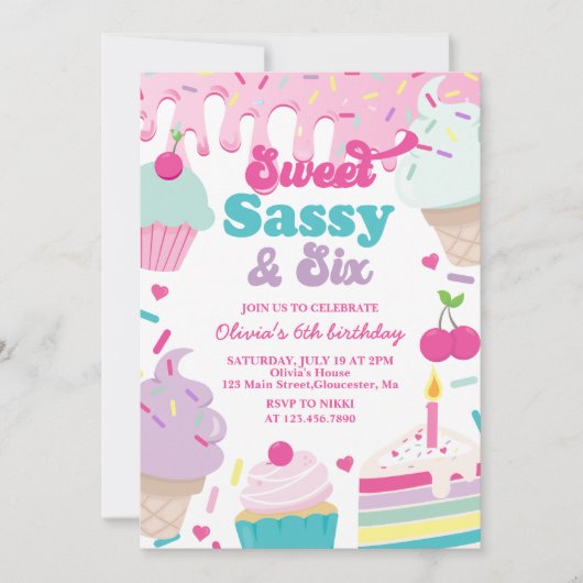 スウィートサッシーと6つのアイスクリームとケーキ誕生日 招待状 (正面)