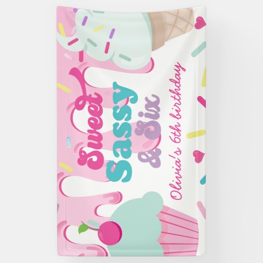 スウィートサッシーと6つのアイスクリームとケーキ誕生日 横断幕 (縦)