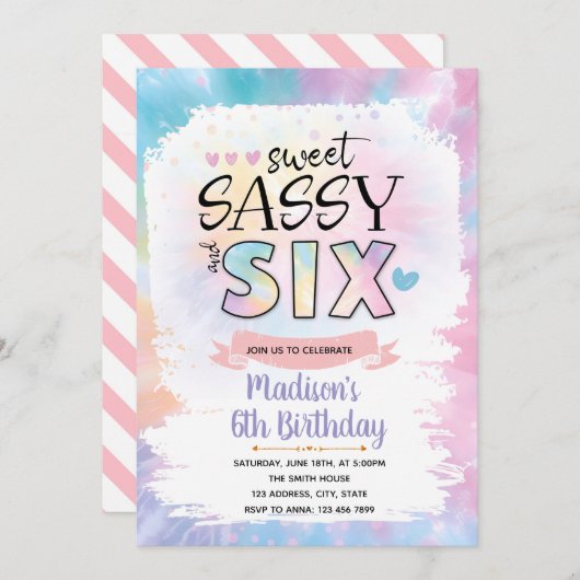 スウィートサッシーと6人の絞り染め誕生日の招待状 招待状 (正面/裏面)