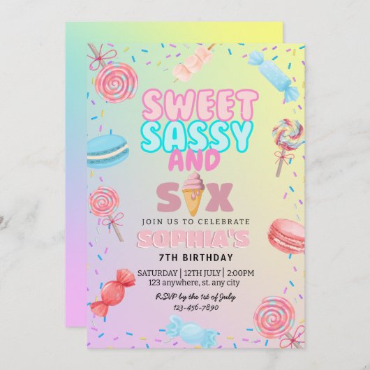 スウィートサッシー&セブンアイスクリーム&キャンディーガールバースデー 招待状 (正面/裏面)