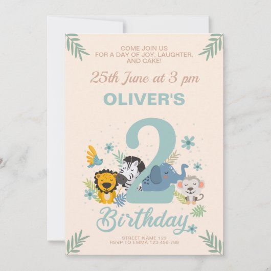 スウィートサファリブルーパステルセカンド誕生日 招待状 (正面)