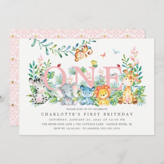 スウィートサファリワンガールズ1ST誕生日招待状 招待状 (正面/裏面)