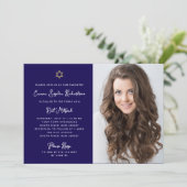 スウィートシンプル&ブルーホワイト金ゴールド写真バルミツワー 招待状 (スタンド正面)