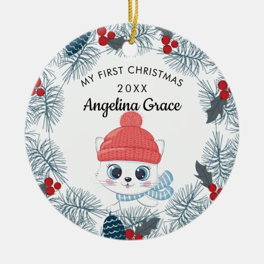 スウィートスケートで滑るキャットベビーの第1クリスマス セラミックオーナメント (正面)