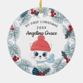 スウィートスケートで滑るキャットベビーの第1クリスマス セラミックオーナメント (裏面)