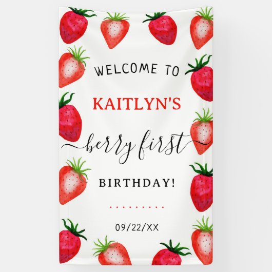 スウィートストロベリーファースト1歳の誕生日へようこそ 横断幕 (縦)