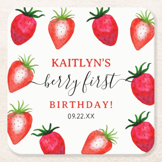 スウィートストロベリーファースト1歳の誕生日 スクエアペーパーコースター (正面)