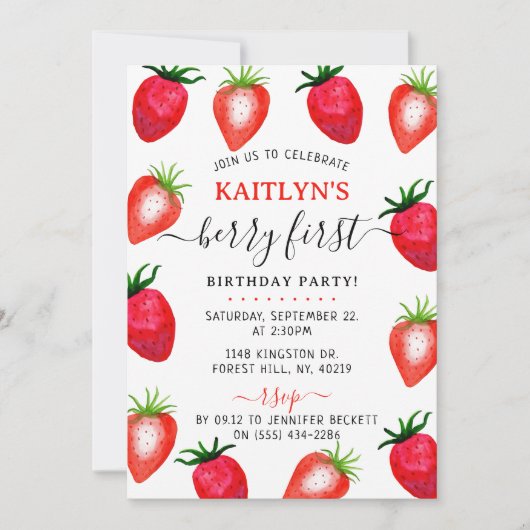 スウィートストロベリーファースト1歳の誕生日 招待状 (正面)