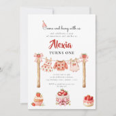 スウィートストロベリー ファーストバースデー お揃い服の洗濯ひも 招待状 (正面)