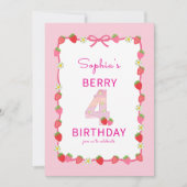 スウィートストロベリー 4歳誕生日パーティー招待状 招待状 (正面)