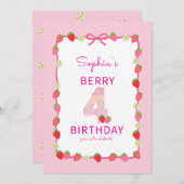 スウィートストロベリー 4歳誕生日パーティー招待状 招待状 (正面/裏面)
