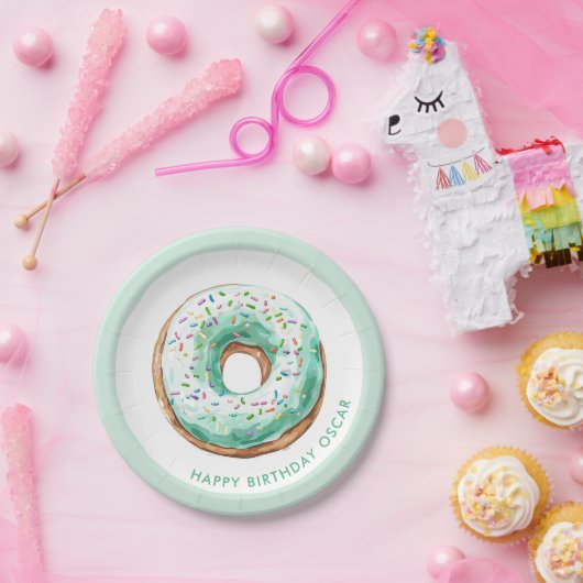 スウィートタイムパステルグリーンドーナツ誕生日 ペーパープレート (パーティー)