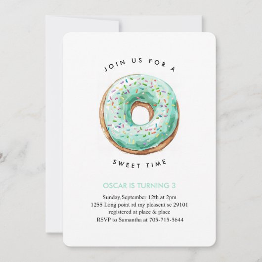 スウィートタイムパステルグリーンドーナツ誕生日 招待状 (正面)