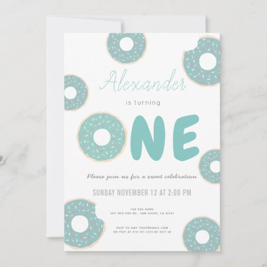 スウィートターコイズブルードーナツボーイズワンバースデー 招待状 (正面)