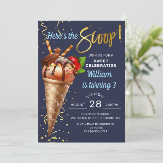 スウィートチョコレートアイスクリームネイビーブルー誕生日 招待状 (スタンド正面)