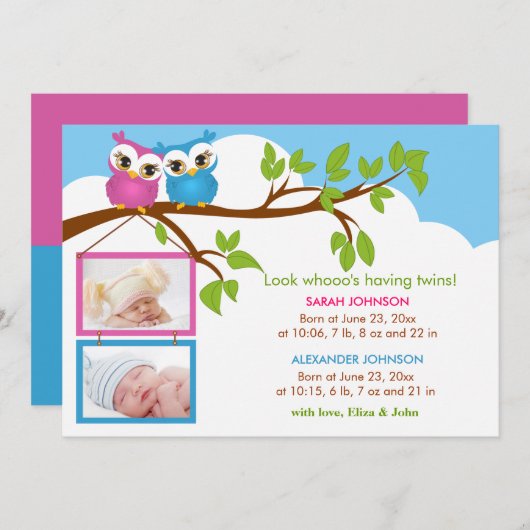 スウィートツインズフクロガールボーイ写真誕生のお知らせ 案内状 (正面/裏面)