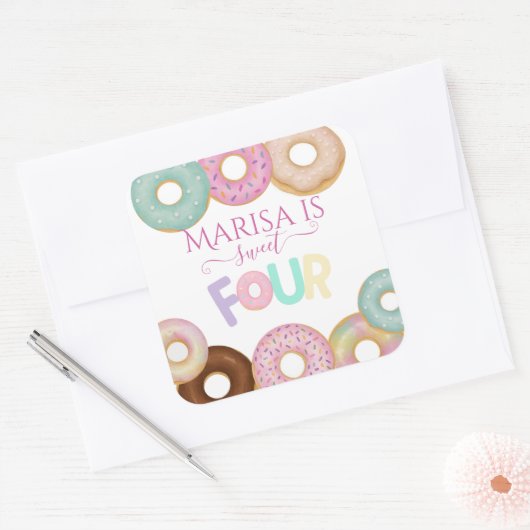スウィートドーナツ誕生日 | キッカラフルトパーティー- スクエアシール (封筒)