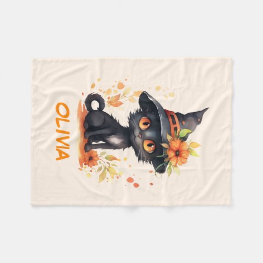スウィートハロウィーンキャット名前をカスタムする フリースブランケット (正面(横))