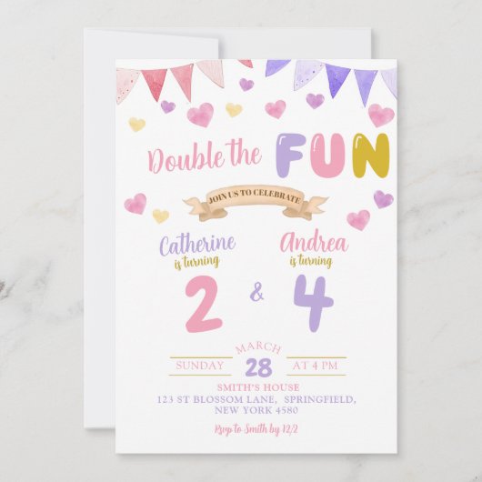 スウィートハートダブルザおもしろいガールジョイント誕生日 招待状 (正面)