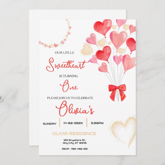 スウィートハートバレンタインファースト誕生日パーティー 招待状 (正面/裏面)