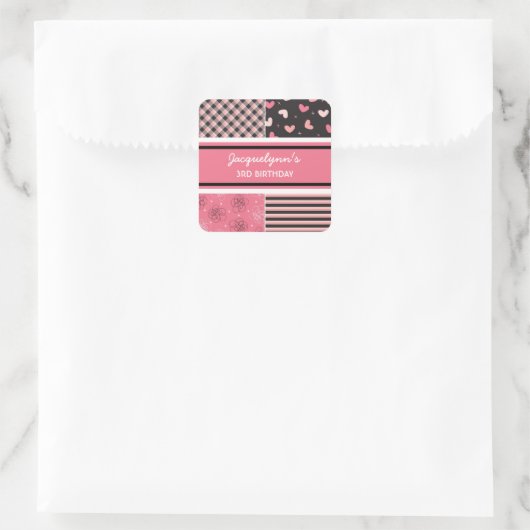 スウィートハートピンクブラックガールバースデーパーティーステッカー スクエアシール (バッグ)