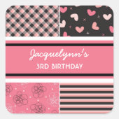 スウィートハートピンクブラックガールバースデーパーティーステッカー スクエアシール (正面)