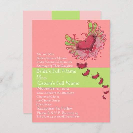 スウィートハートラズベリー&ライム結婚式招待状 インビテーションポストカード (正面/裏面)