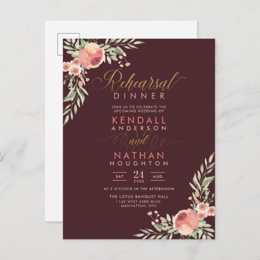 スウィートバラウォーターカラーフローラリハーサルディナー インビテーションポストカード (正面/裏面)