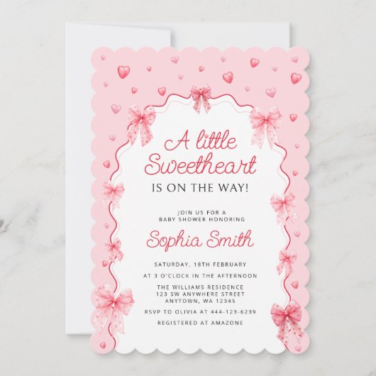 スウィートバレンティンズピンクボウベビーシャワー 招待状 (正面)