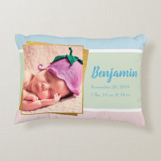 スウィートパステル男の赤ちゃんフォト誕生レコードスタット アクセントクッション (裏面)