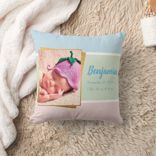 スウィートパステル男の赤ちゃんフォト誕生レコードスタット クッション (ブランケット)