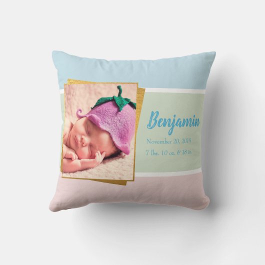 スウィートパステル男の赤ちゃんフォト誕生レコードスタット クッション (裏面)