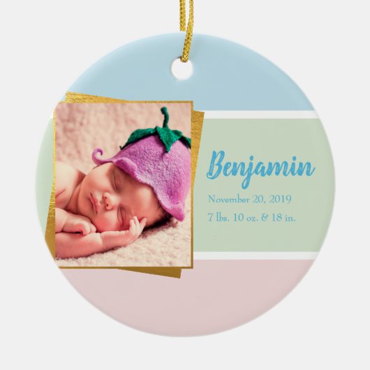 スウィートパステル男の赤ちゃんフォト誕生レコードスタット セラミックオーナメント (正面)